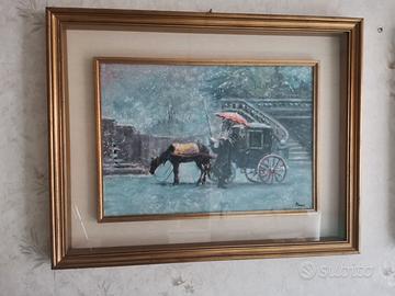 Quadro scena invernale con carrozza a cavallo