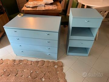 Trittico cassettiera azzurra, comodini azzurro