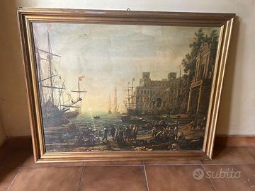 Quadro Veduta di mare porto con villa dei medici