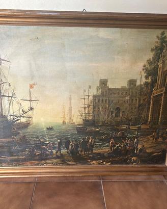 Quadro Veduta di mare porto con villa dei medici