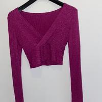 Top corto rosa scuro brillantinato, maniche lunghe