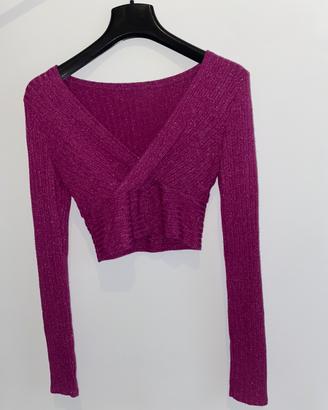 Top corto rosa scuro brillantinato, maniche lunghe