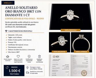 Anello solitario oro bianco 18kt con diamante 1 ct