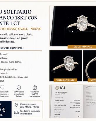 Anello solitario oro bianco 18kt con diamante 1 ct