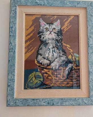 Quadro gatto ricamato a mano