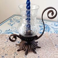 PORTACANDELA VINTAGE METALLO E VETRO DECORATO