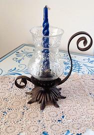 PORTACANDELA VINTAGE METALLO E VETRO DECORATO