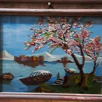 quadro Naif pittura su vetro, Paesaggio barche