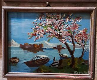 quadro Naif pittura su vetro, Paesaggio barche