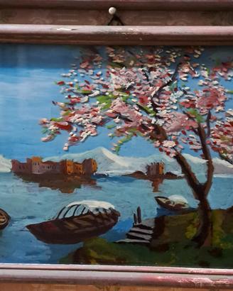 quadro Naif pittura su vetro, Paesaggio barche