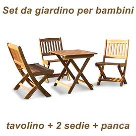 Panchina + 2 sedie + tavolo in legno per bambini