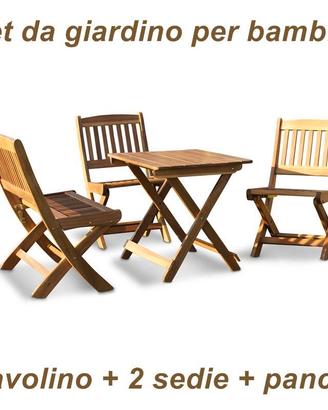 Panchina + 2 sedie + tavolo in legno per bambini
