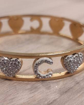 Braccialetto rigido dorato con cuori, strass 