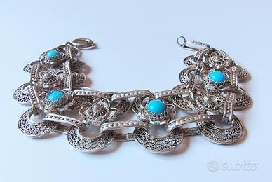 Bracciale antico argento filigrana e turchese 