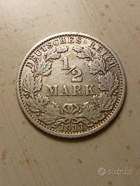 Impero tedesco ½ marco 1911 argento
