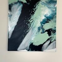 Quadro astratto blu notte, verde salvia e argento