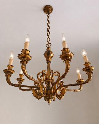Lampadario vintage in bronzo dorato a 6 luci