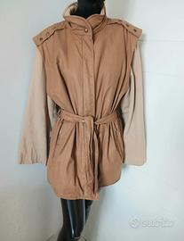 Giacca lunga beige, 2 tessuti, felpata,46 L donna 