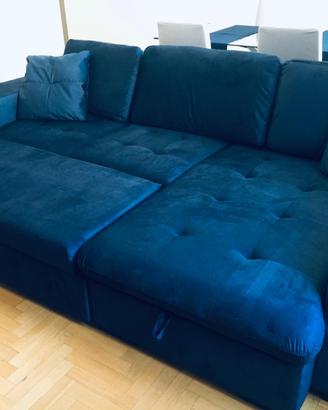 Divano letto elegante in velluto blu con penisola