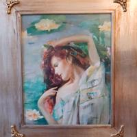 Dipinto Figlia con fiori acquatici - Olio su tela