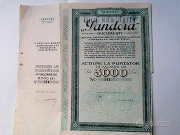 Certificato azionario Pandora 1930