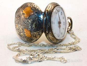 Raro orologio collo signora argento oro fine 1800