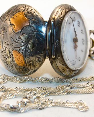 Raro orologio collo signora argento oro fine 1800