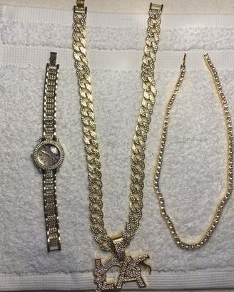 Set orologio e catene stile iced out