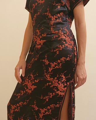 Vestito cinese tradizionale seta blu fiori rossi