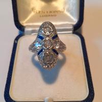 Anello stile Art Déco zirconi bianchi blu zaffiro