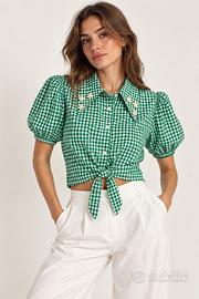camicia cropped vichy verde con colletto gioiello