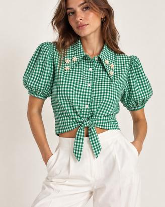 camicia cropped vichy verde con colletto gioiello