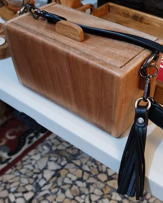 Borsa legno noce bauletto piccola tracolla borsett