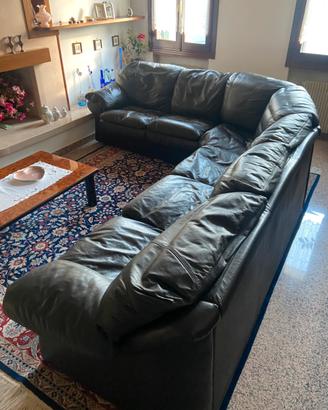 Divano ad angolo in pelle, nero vintage