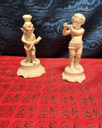 Coppia Sculture Amorini Putti Musici Porcellana Bi