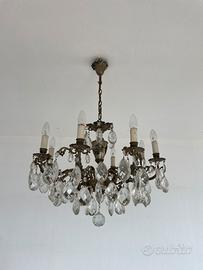 Lampadario vintage in ottone pendenti in cristallo