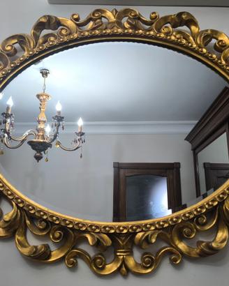 Specchio ovale barocco intarsi foglia oro