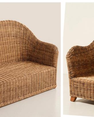 Set divano e poltrona in rattan, anni '70