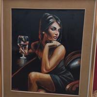 Quadro olio su tela ritatto donna modella cornice