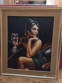 Quadro olio su tela ritratto donna modella cornice