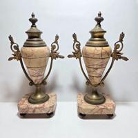 Coppia Di Antiche Cassolette In Bronzo e Marmo