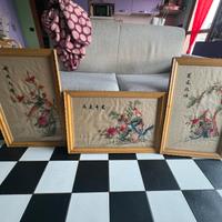 Lotto 3 quadri seta cinese ricamati vintage