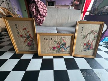 Lotto 3 quadri seta cinese ricamati vintage