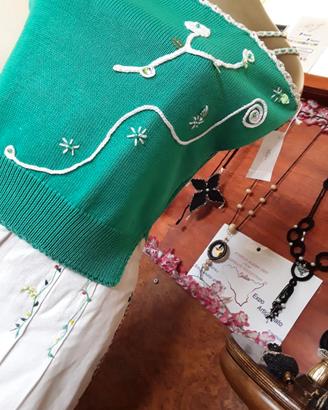 gonna lunga jeans bianco e blusa maglia cotone ric