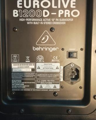 Subwoofer Attivo PA Behringer Eurolive B1200D-PRO.