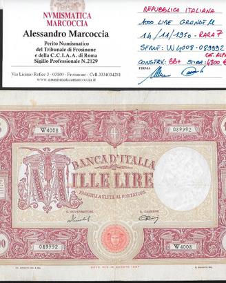 Banconota 1000 lire del 1950 firma Menichella
