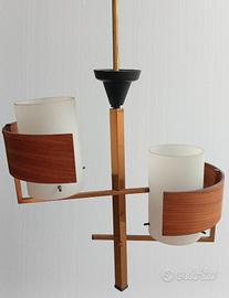 Lampadario stile Stilnovo in teak e vetro 