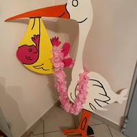 Cicogna in legno fatta a mano, fiocco per nascita