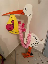 Cicogna in legno fatta a mano, fiocco per nascita