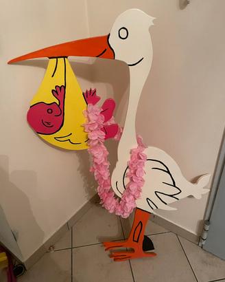 Cicogna in legno fatta a mano, fiocco per nascita